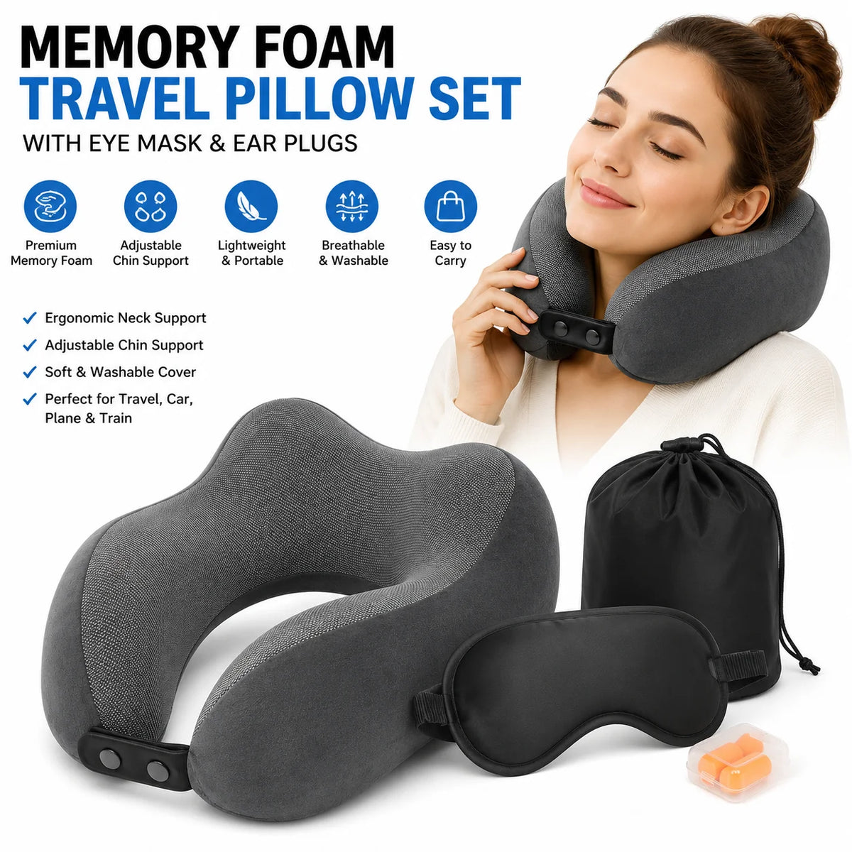 Travel Neck Pillow Set with Eye Mask & Ear Plugs.