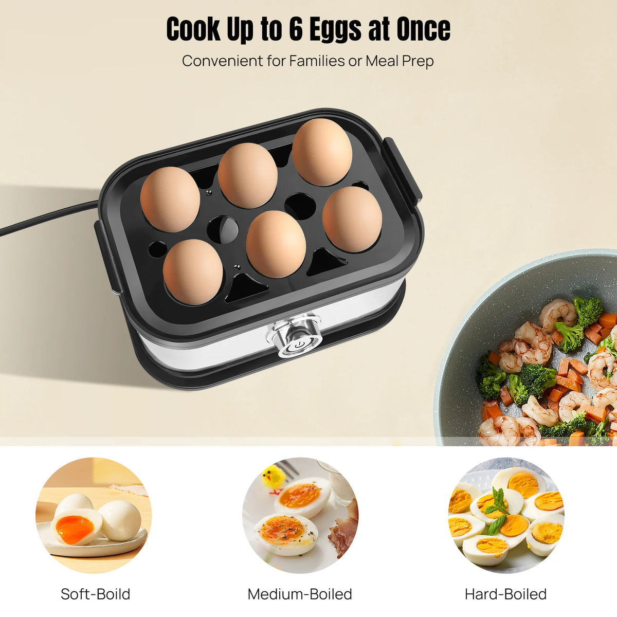 Electric Egg Cooker & Boiler – 6-Egg Capacity, Quick Boiling & Poaching with Measuring Cup.