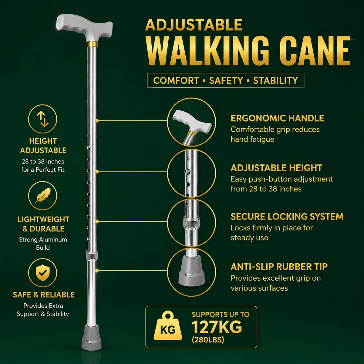 Adjustable Aluminium Walking Stick – Lightweight Mobility Cane with Anti-Slip Base & Comfortable Handle.