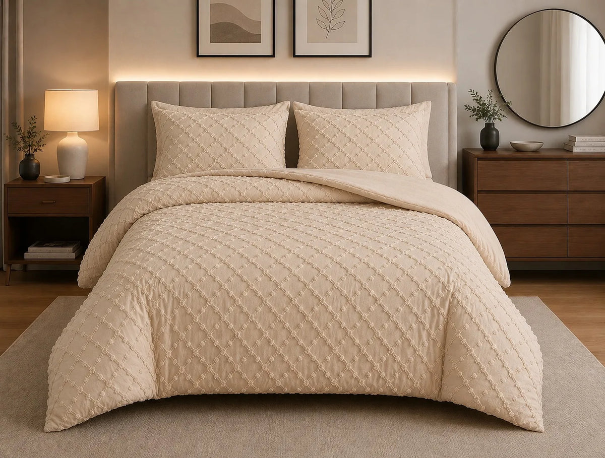 Luxury Diamond Tufted Duvet Cover Set – Soft Microfibre Bedding with Pillowcases, Hidden Zip Closure & Elegant Quilted Design.