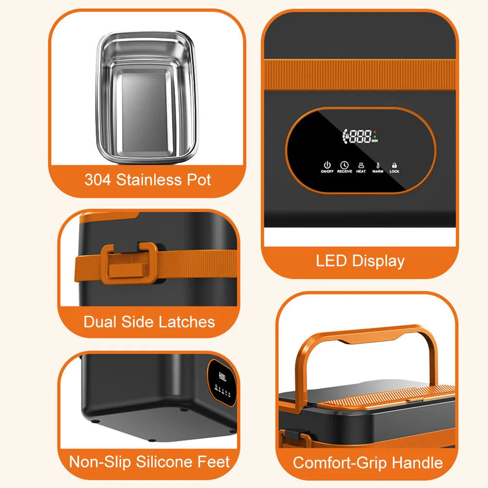 1500ml Electric Heated Lunch Box – Cordless Smart Food Warmer with Digital Control & 304 Stainless Steel Inner Container.