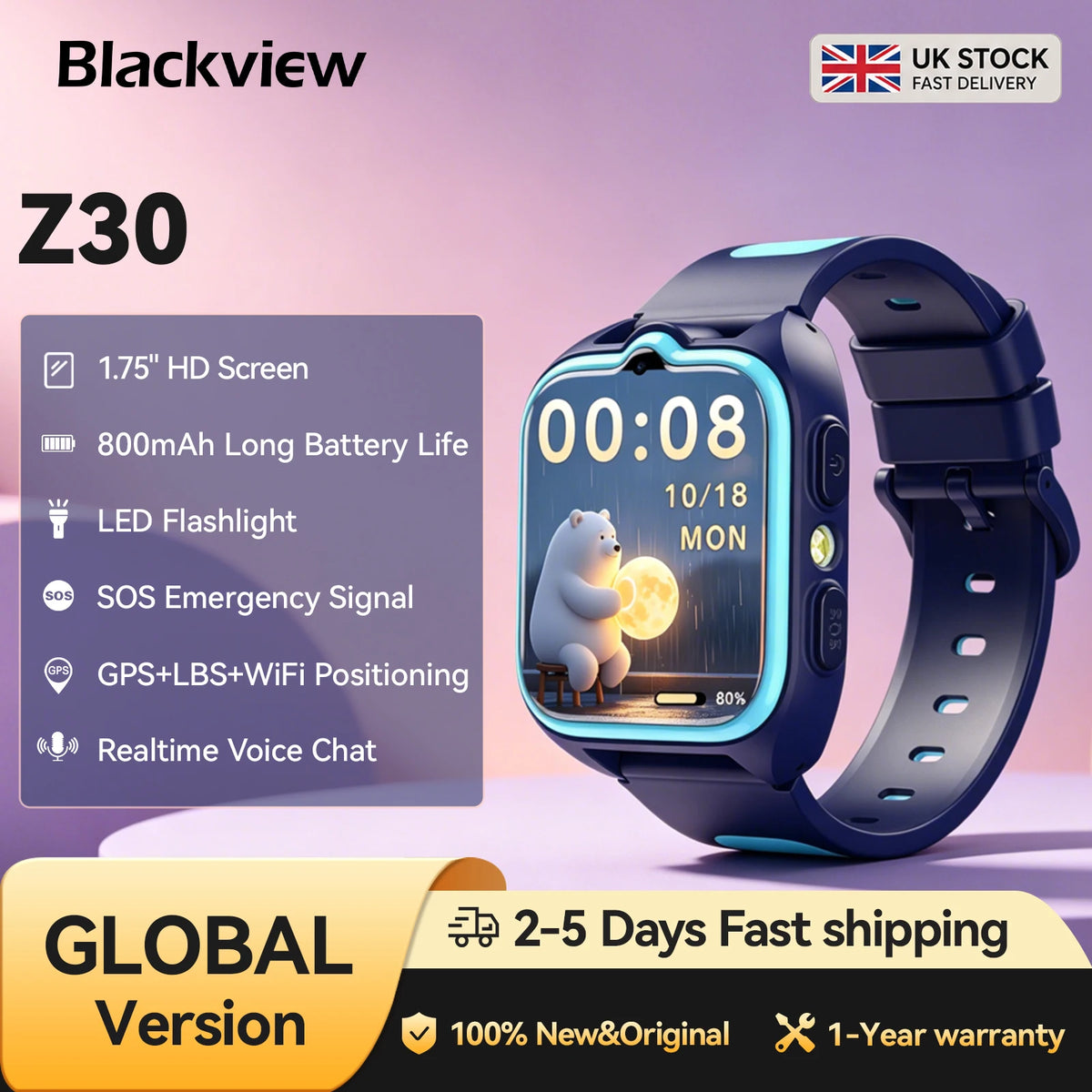 Blackview Z30 Kids Smartwatch – 4G GPS/LBS/WiFi Location Tracker, Video Calling, 1.75" TFT Display.