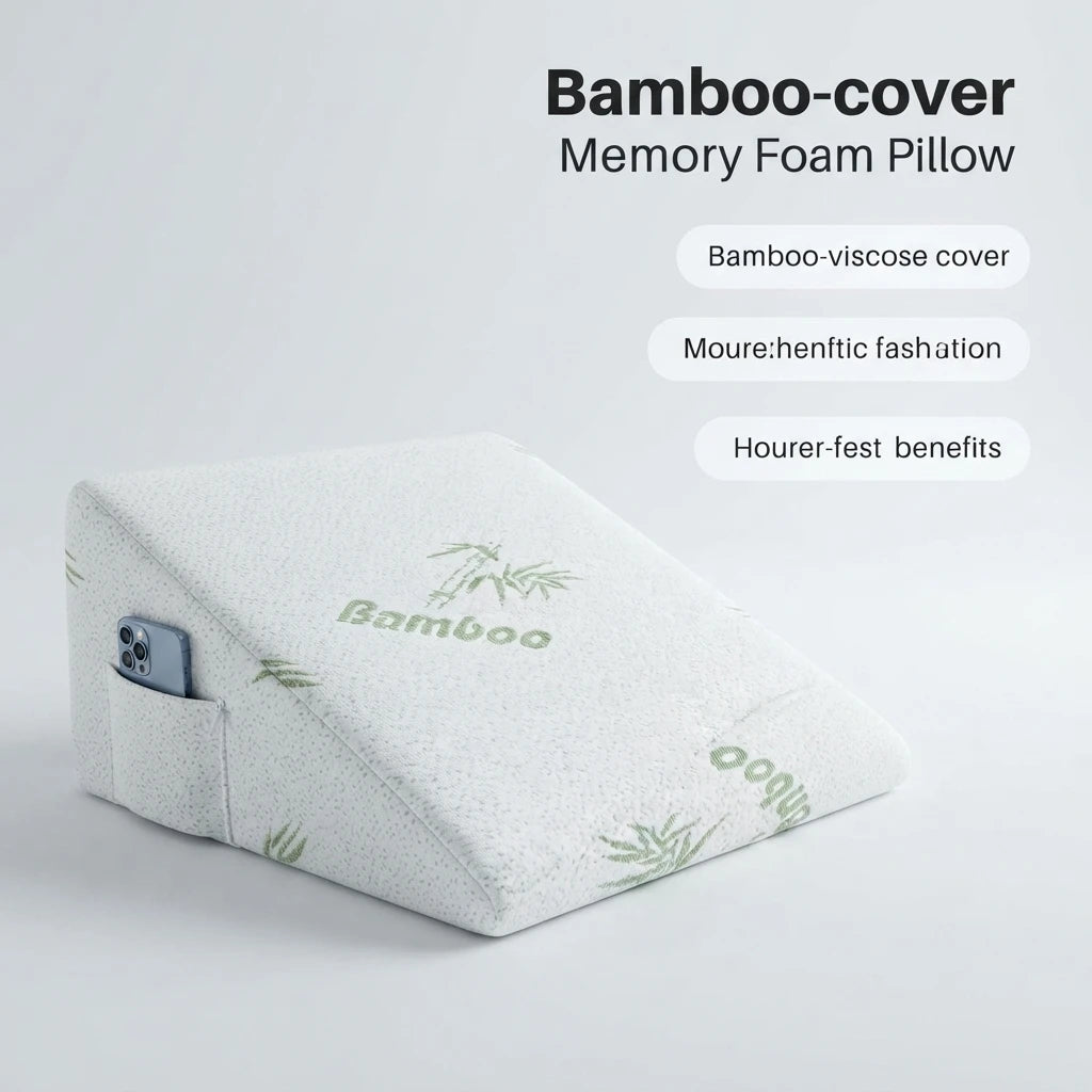 Memory Foam Wedge Pillow with Bamboo Cover & Phone Pocket – Back Support, Leg Elevation & Bed Reading Cushion.