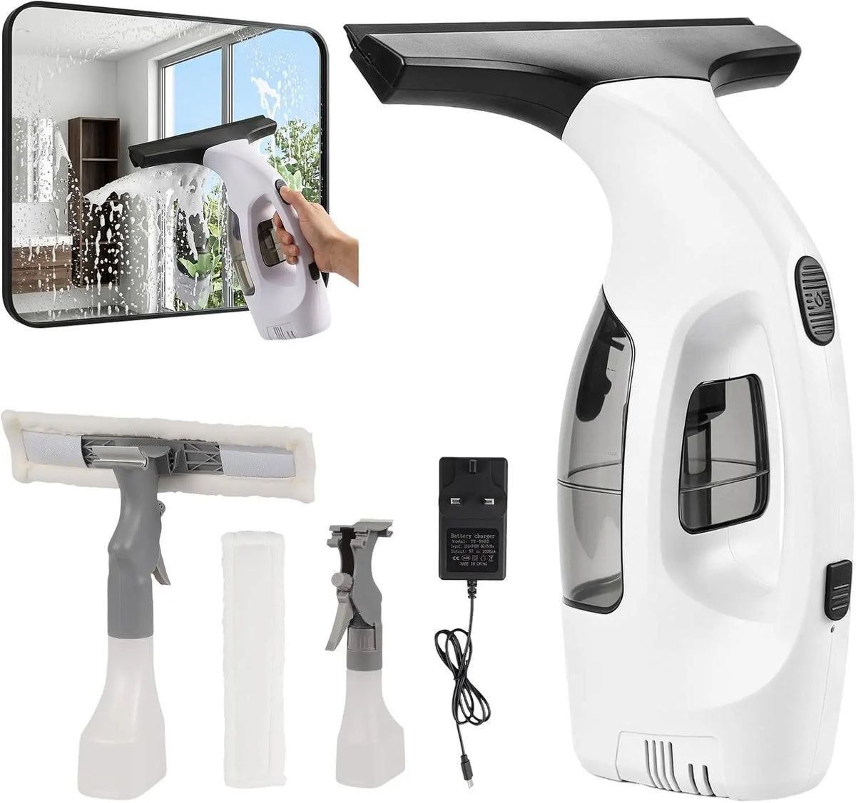 Cordless Window Vacuum Cleaner – Rechargeable Handheld Glass Cleaner with 60-Minute Runtime, Squeegee & Microfibre Cloth for Windows, Mirrors & Condensation.
