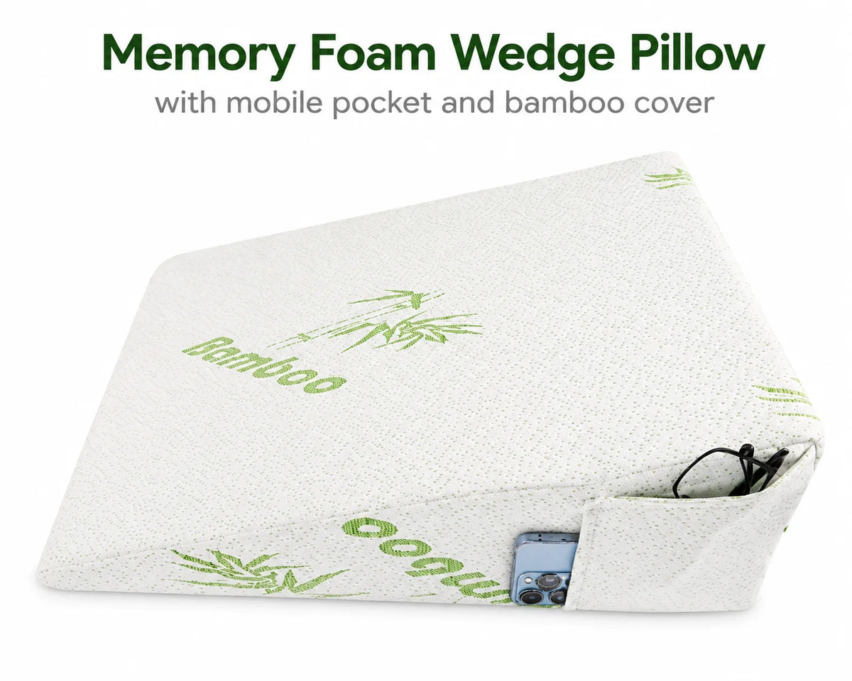 Memory Foam Wedge Pillow with Bamboo Cover & Phone Pocket – Back Support, Leg Elevation & Bed Reading Cushion.