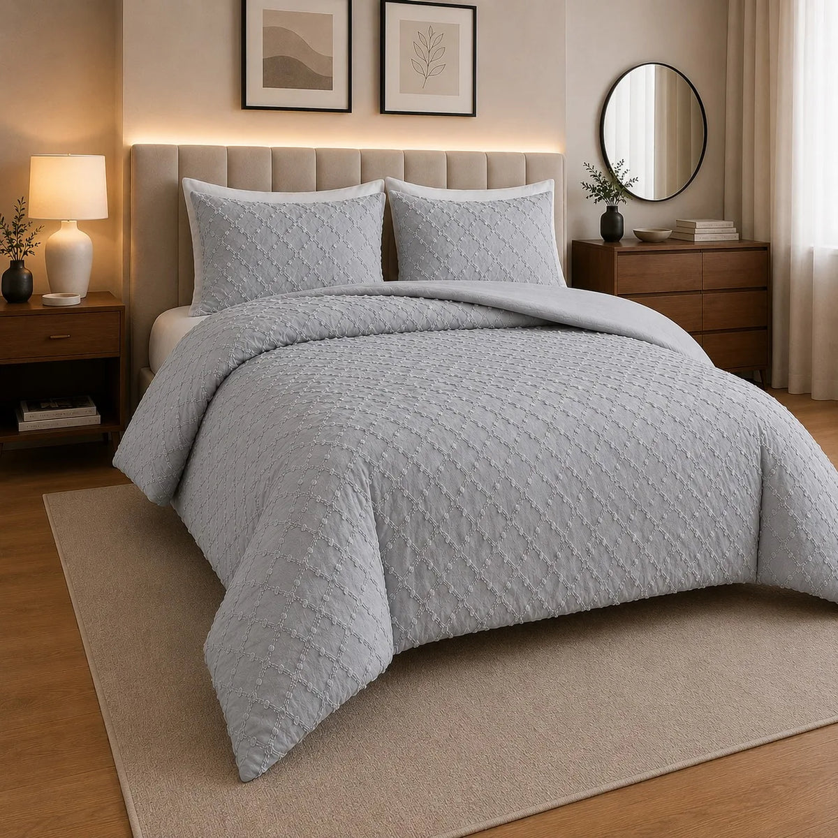 Luxury Diamond Tufted Duvet Cover Set – Soft Microfibre Bedding with Pillowcases, Hidden Zip Closure & Elegant Quilted Design.