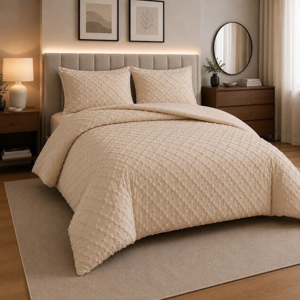 Luxury Diamond Tufted Duvet Cover Set – Soft Microfibre Bedding with Pillowcases, Hidden Zip Closure & Elegant Quilted Design.