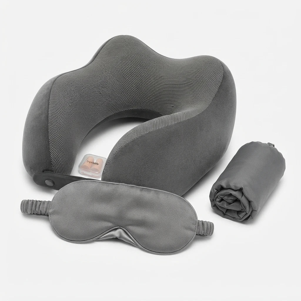 Travel Neck Pillow Set with Eye Mask & Ear Plugs.