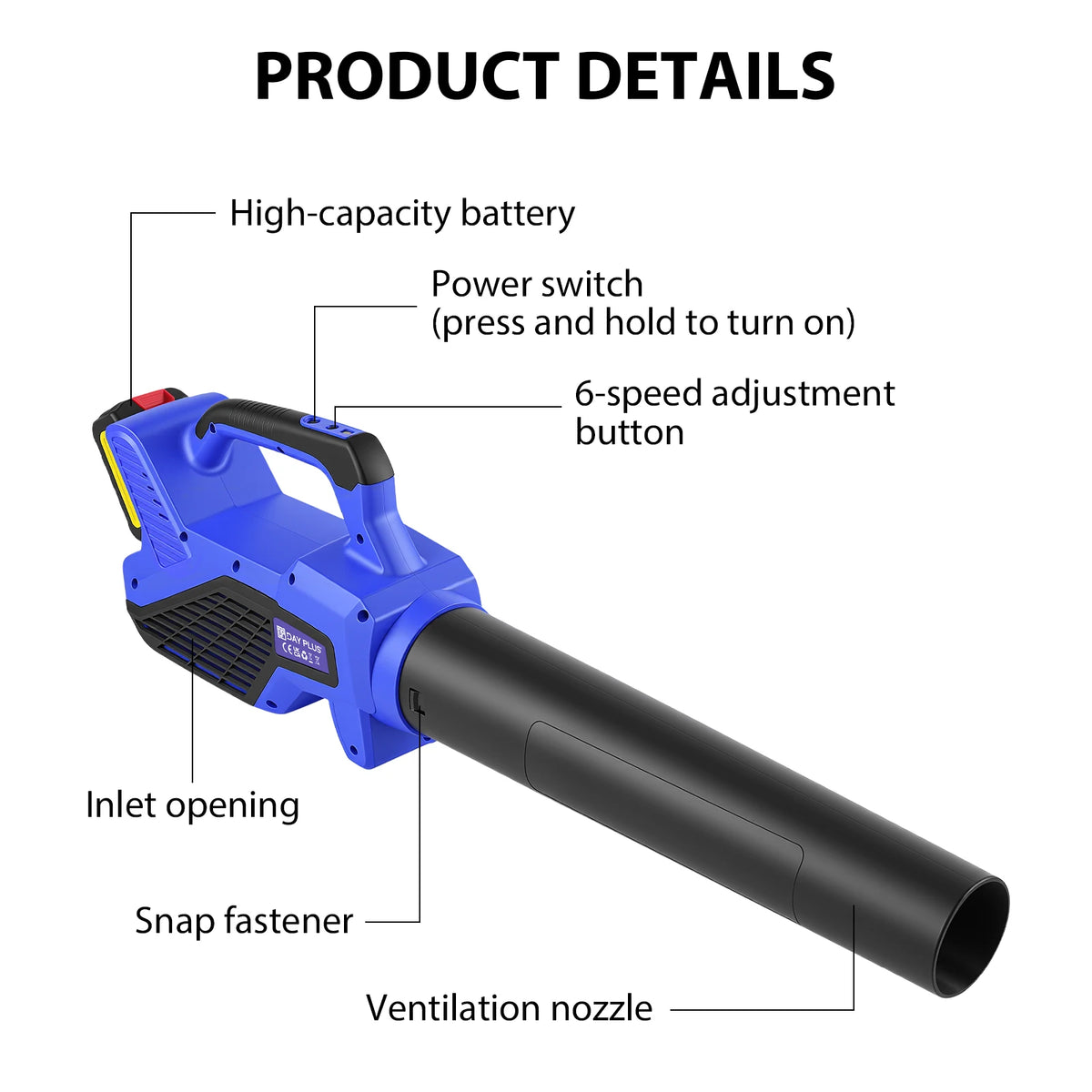3000W Cordless Leaf Blower – 21V 4000mAh Battery, 6-Speed Adjustable.