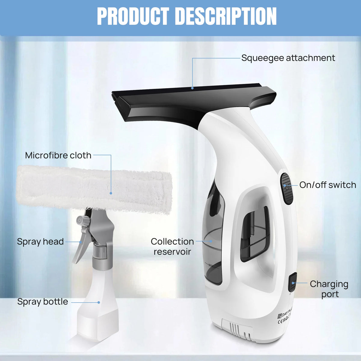 Cordless Window Vacuum Cleaner – Rechargeable Handheld Glass Cleaner with 60-Minute Runtime, Squeegee & Microfibre Cloth for Windows, Mirrors & Condensation.