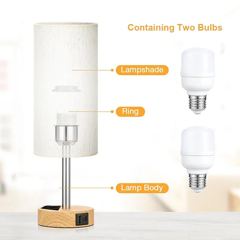 3-Way Dimmable Bedside Table Lamp with USB A+C Charging & 3-Pin Plug.
