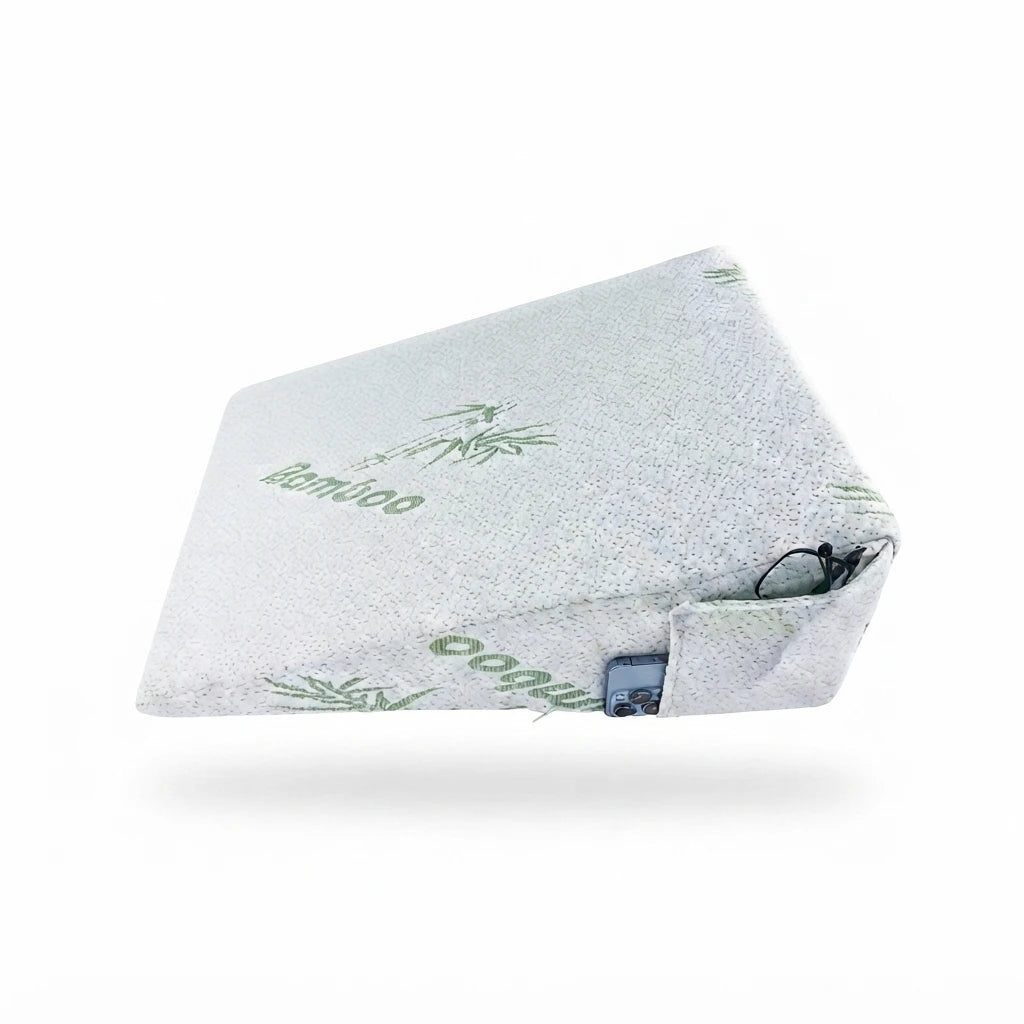 Memory Foam Wedge Pillow with Bamboo Cover & Phone Pocket – Back Support, Leg Elevation & Bed Reading Cushion.