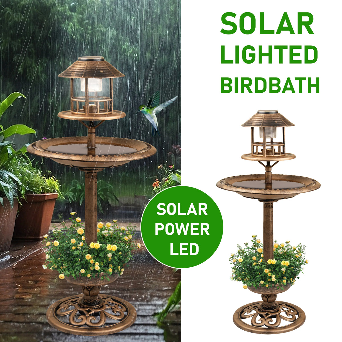 Solar Bird Bath & Feeder – Garden Bird Table with Solar Light.