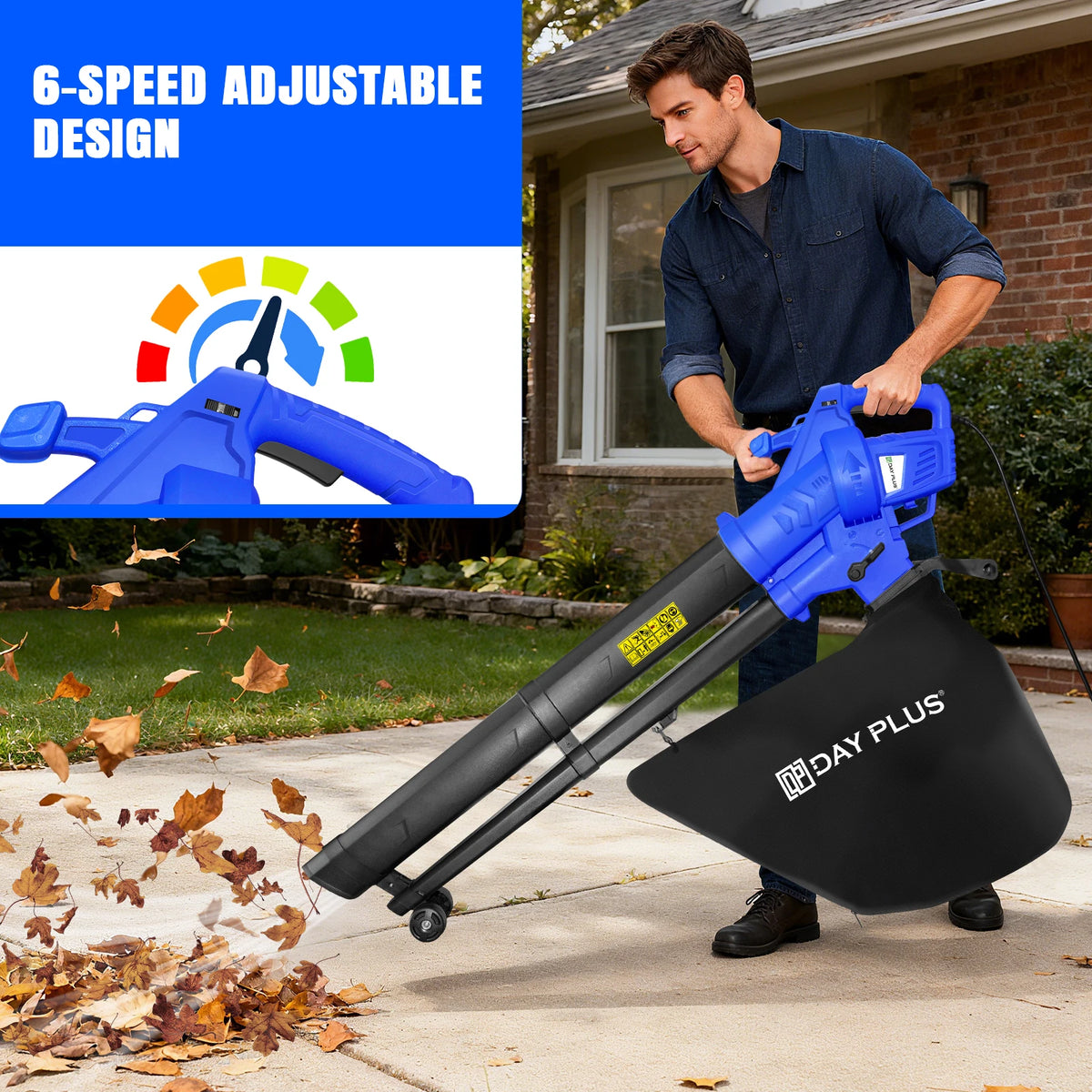 6000W 3-in-1 Electric Leaf Blower, Vacuum & Mulcher – 6-Speed Garden Vacuum with Wheels & Collection Bag.
