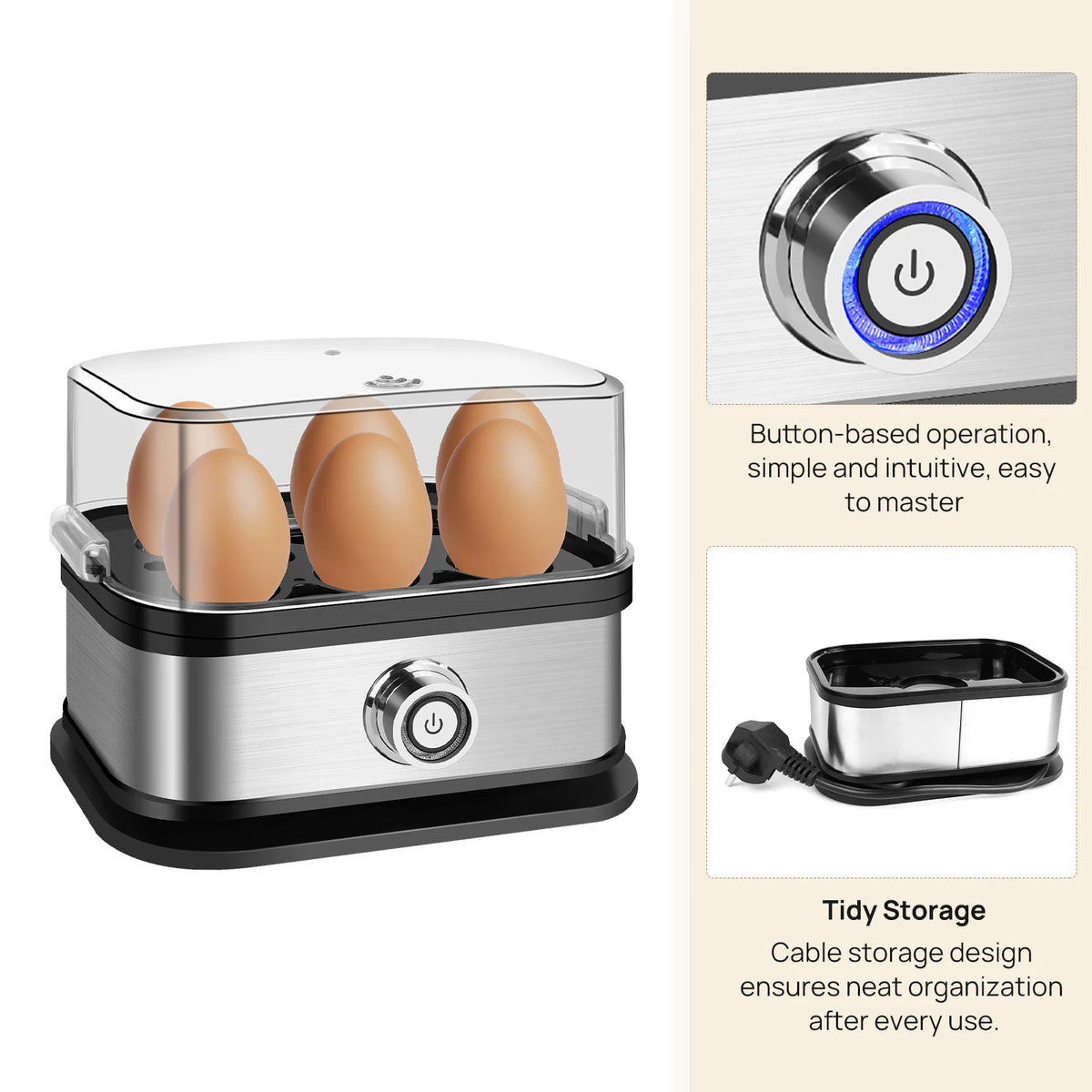 Electric Egg Cooker & Boiler – 6-Egg Capacity, Quick Boiling & Poaching with Measuring Cup.