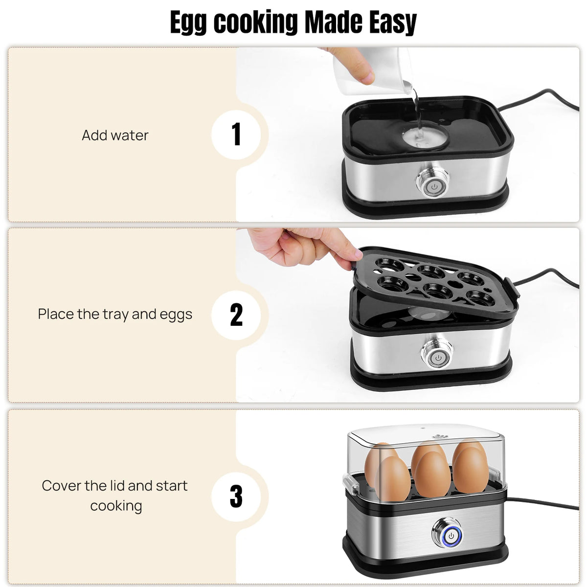 Electric Egg Cooker & Boiler – 6-Egg Capacity, Quick Boiling & Poaching with Measuring Cup.