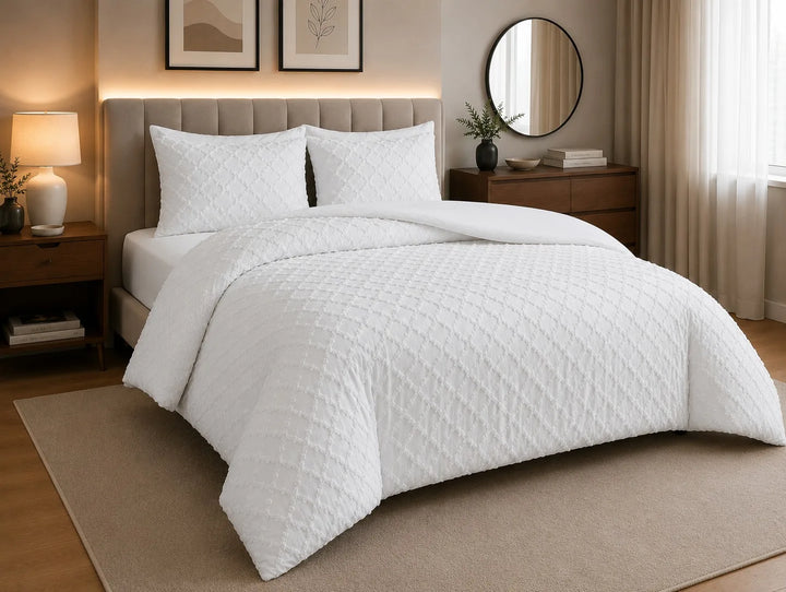 Luxury Diamond Tufted Duvet Cover Set – Soft Microfibre Bedding with Pillowcases, Hidden Zip Closure & Elegant Quilted Design.