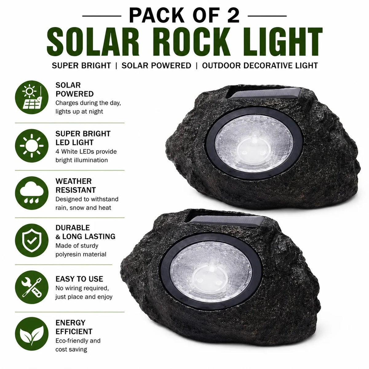 2 Pack Solar Rock Lights Outdoor Garden Landscape Stone Lights.