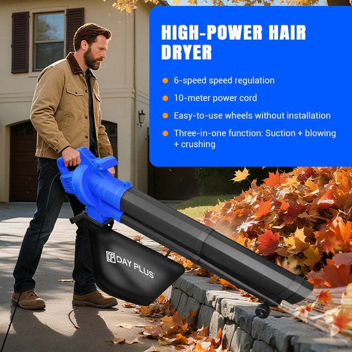 6000W 3-in-1 Electric Leaf Blower, Vacuum & Mulcher – 6-Speed Garden Vacuum with Wheels & Collection Bag.