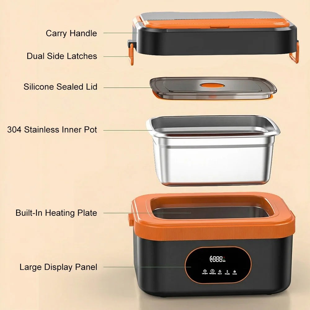 1500ml Electric Heated Lunch Box – Cordless Smart Food Warmer with Digital Control & 304 Stainless Steel Inner Container.
