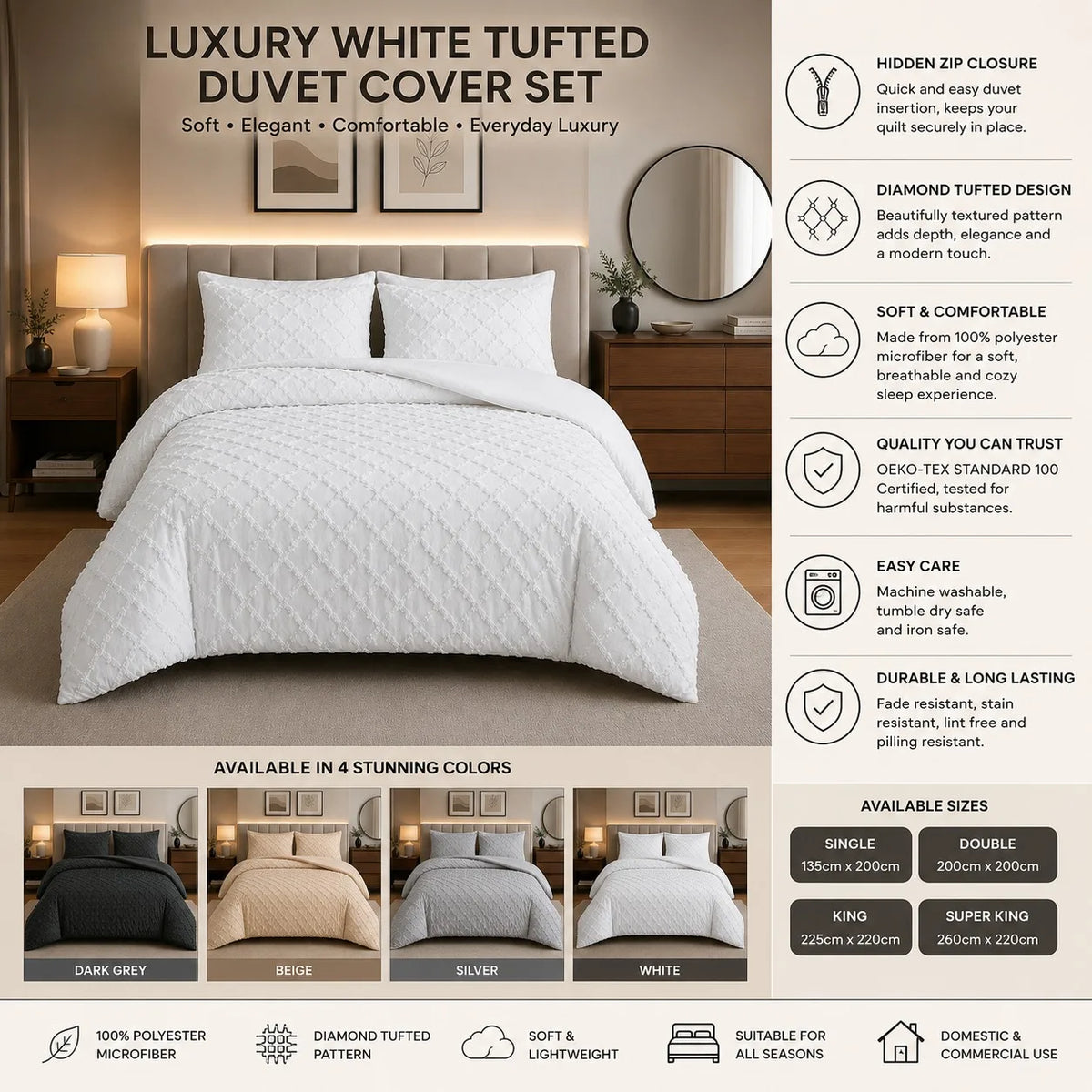 Luxury Diamond Tufted Duvet Cover Set – Soft Microfibre Bedding with Pillowcases, Hidden Zip Closure & Elegant Quilted Design.