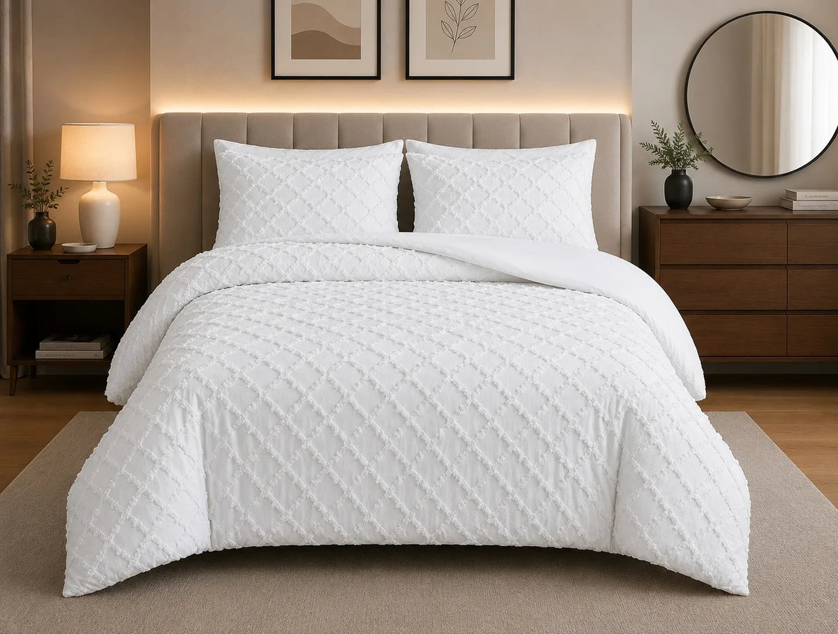Luxury Diamond Tufted Duvet Cover Set – Soft Microfibre Bedding with Pillowcases, Hidden Zip Closure & Elegant Quilted Design.