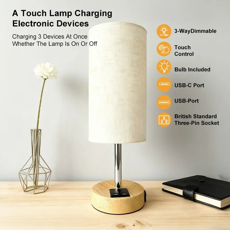 3-Way Dimmable Bedside Table Lamp with USB A+C Charging & 3-Pin Plug.