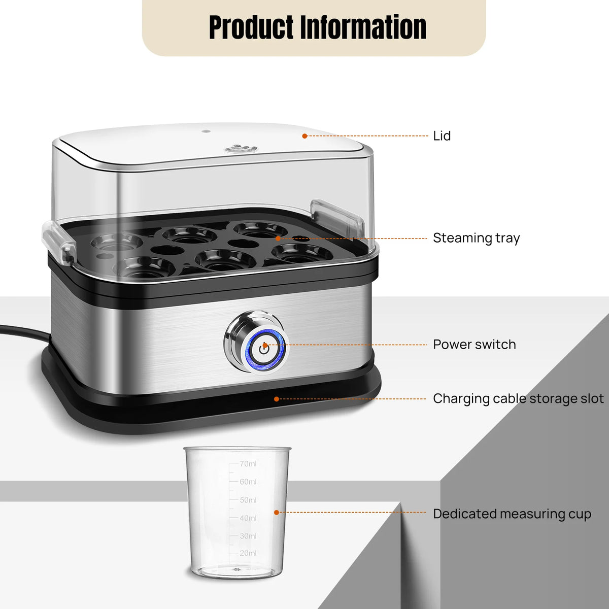 Electric Egg Cooker & Boiler – 6-Egg Capacity, Quick Boiling & Poaching with Measuring Cup.