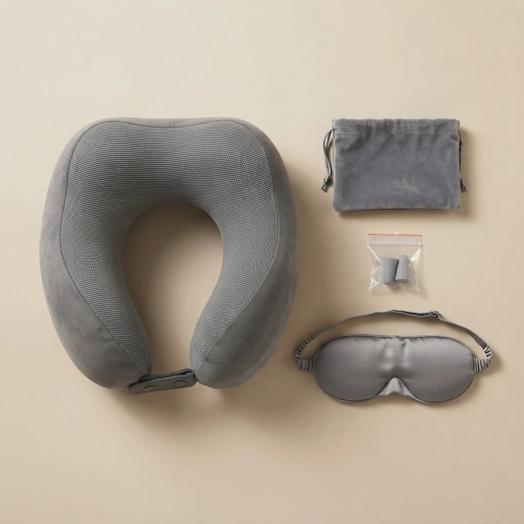 Travel Neck Pillow Set with Eye Mask & Ear Plugs.