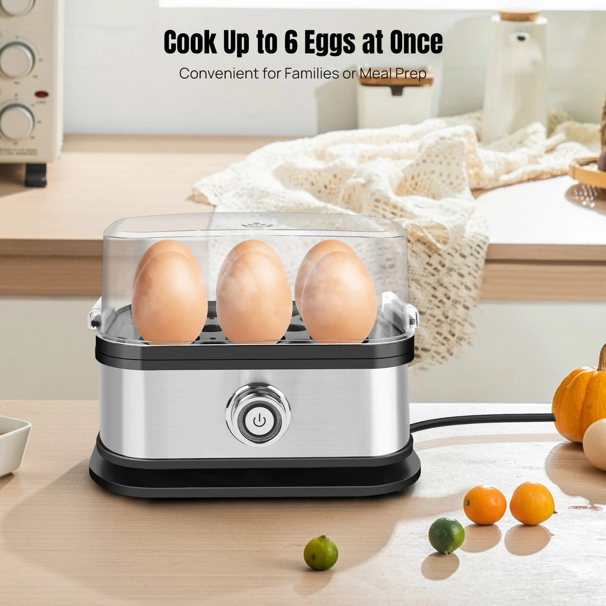 Electric Egg Cooker & Boiler – 6-Egg Capacity, Quick Boiling & Poaching with Measuring Cup.
