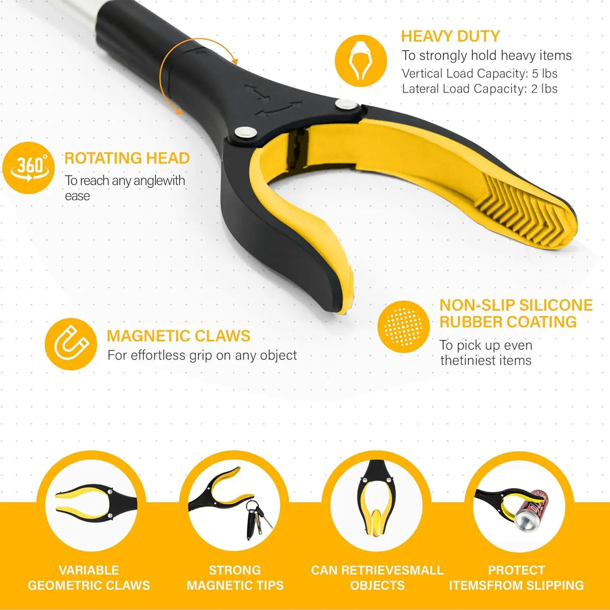 Foldable Grabber Reacher Tool with Magnetic Tip & 360° Swivel Head.
