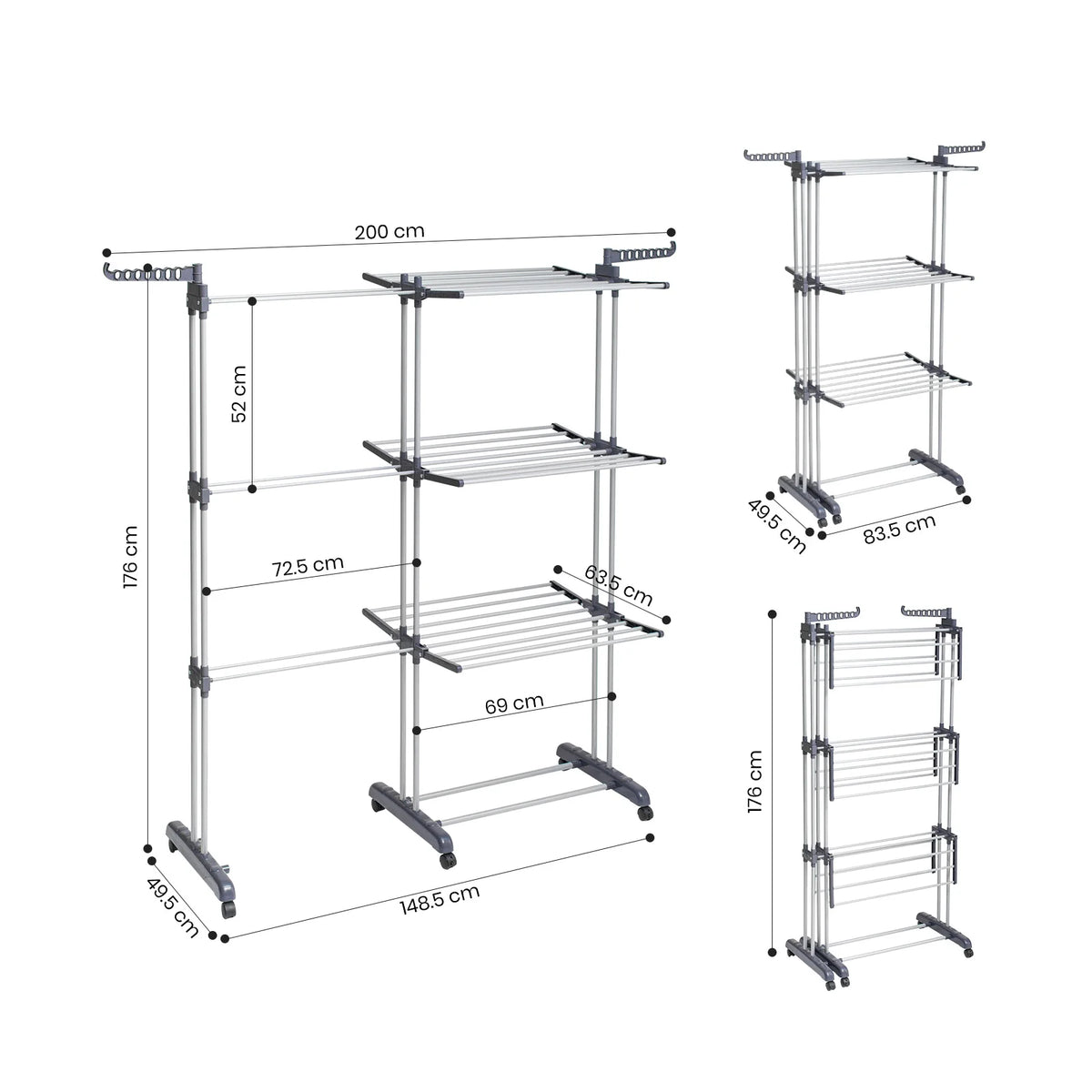 Height-Adjustable Steel Clothes Airer – 74–147cm, 6 Folding Wings, 176cm Tall, 15kg Capacity for Indoor & Outdoor Laundry.
