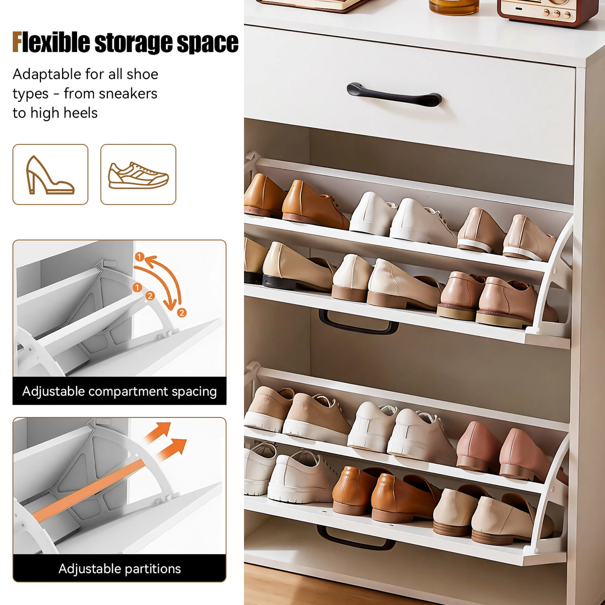 4-Tier Shoe Storage Cabinet with Drawer & Side Cupboard – Modern Flip-Down Shoe Organiser.