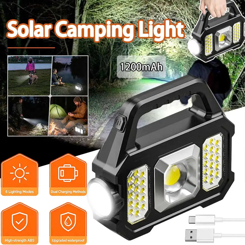 Solar Rechargeable LED Flashlight – COB Floodlight, Waterproof Tactical Torch with USB Charging.