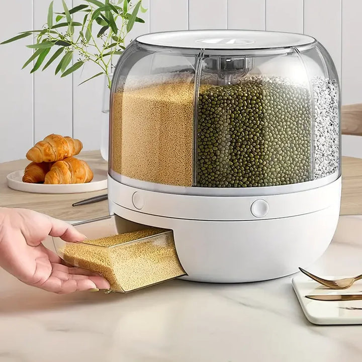 360° Rotating 6-Grid Food Dispenser – Airtight Grain & Cereal Storage Container, Moisture-Proof Kitchen Organizer.
