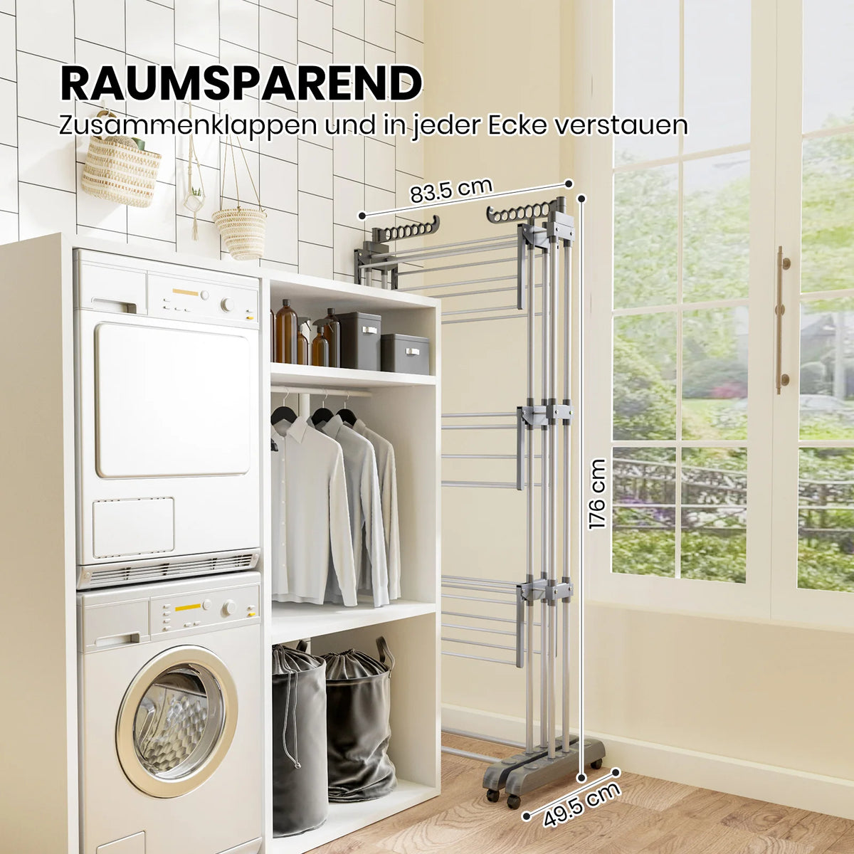 Height-Adjustable Steel Clothes Airer – 74–147cm, 6 Folding Wings, 176cm Tall, 15kg Capacity for Indoor & Outdoor Laundry.