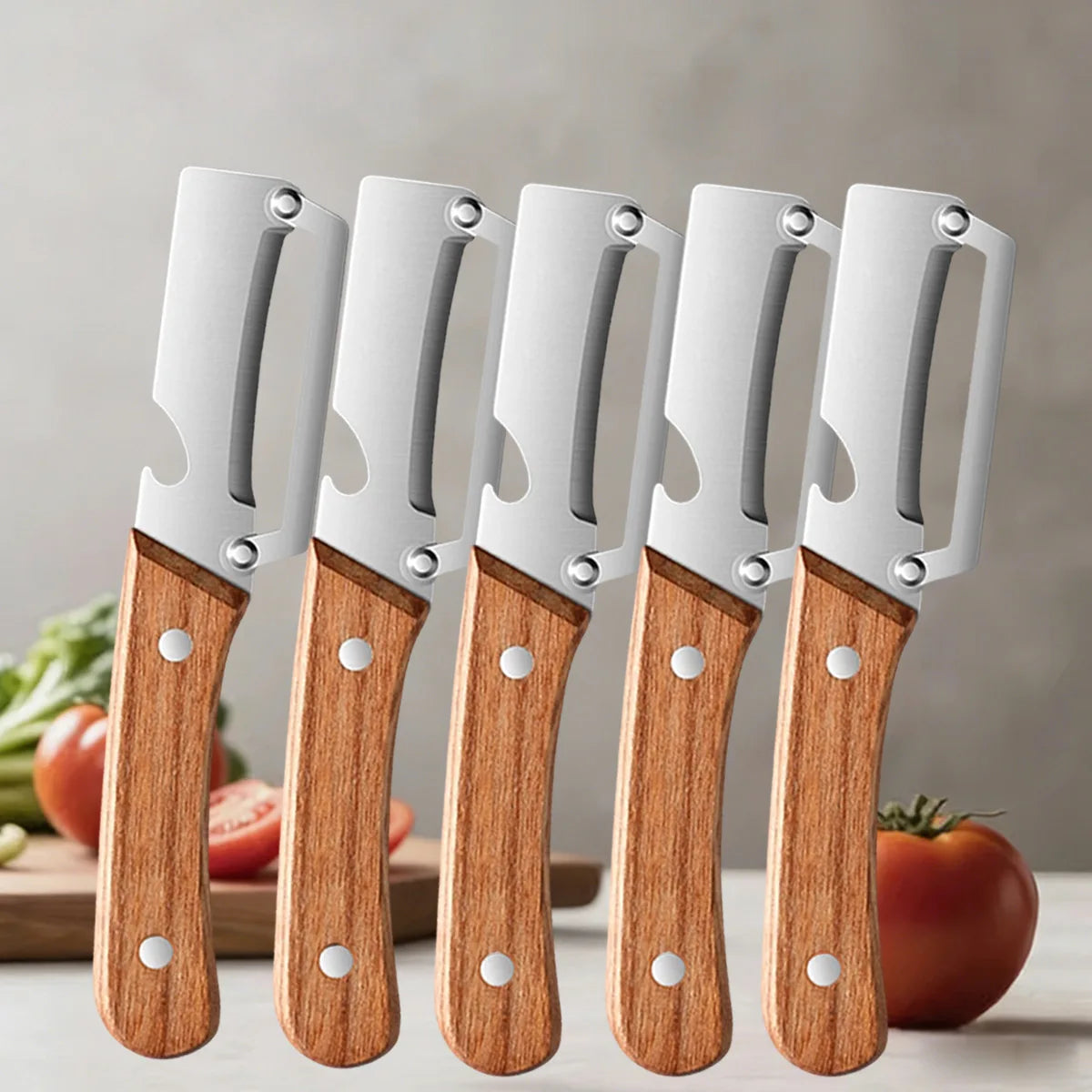 Multi-Function Vegetable Peeler – Stainless Steel Blade Kitchen Peeler with Wooden/Steel Handle & Bottle Opener.