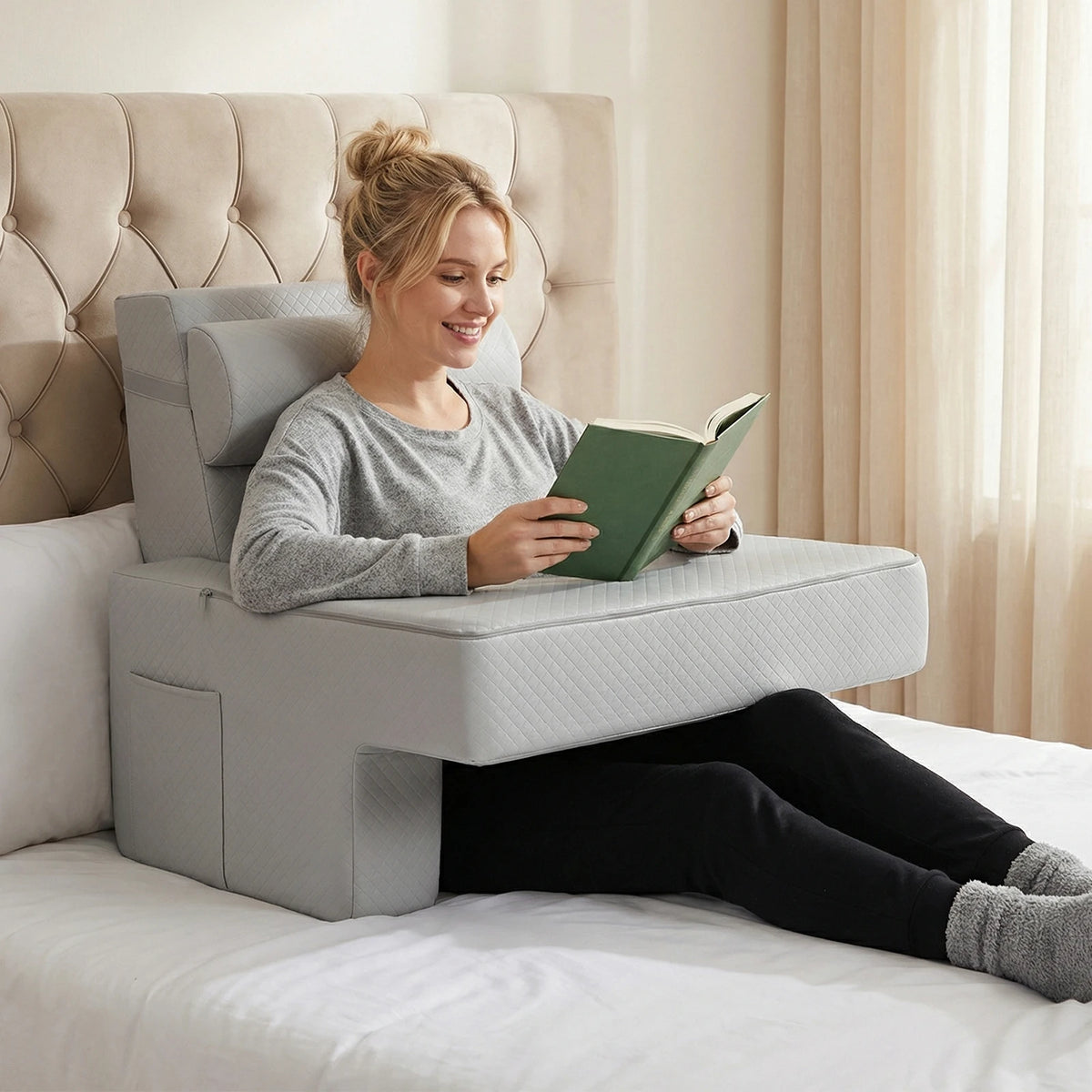 Ergonomic Back Support Pillow with Armrests & Pockets – Full-Body Reading Cushion for Bed, Sofa & Floor.