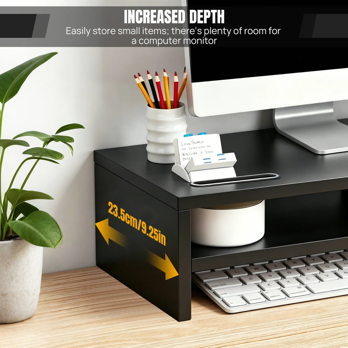 2-Tier Wooden Monitor Stand Riser – 420mm Wide, 20kg Capacity with Phone Holder.