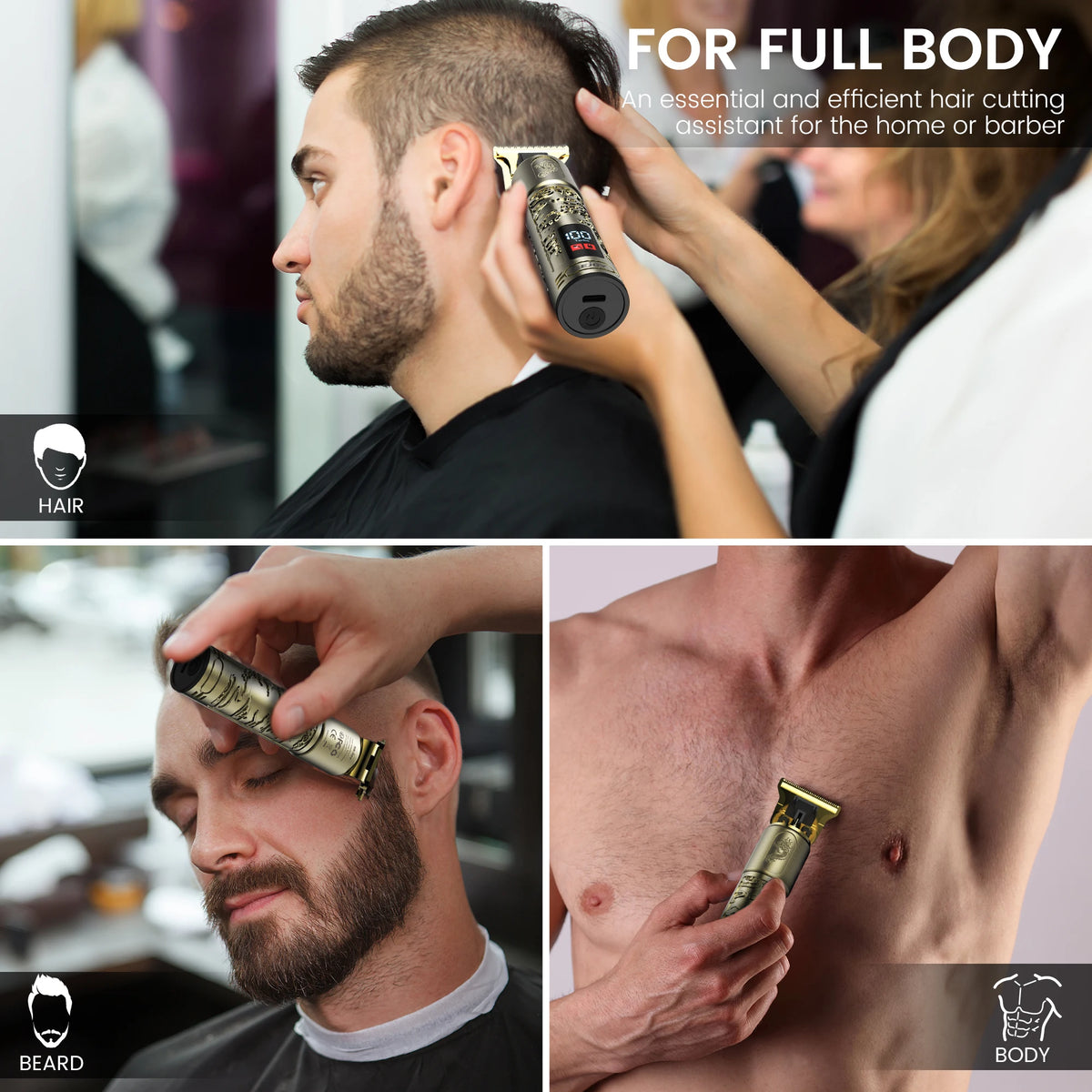 Men’s Professional Hair & Beard Trimmer – Cordless Contour Clipper with LED Display, USB-C Rechargeable Razor.