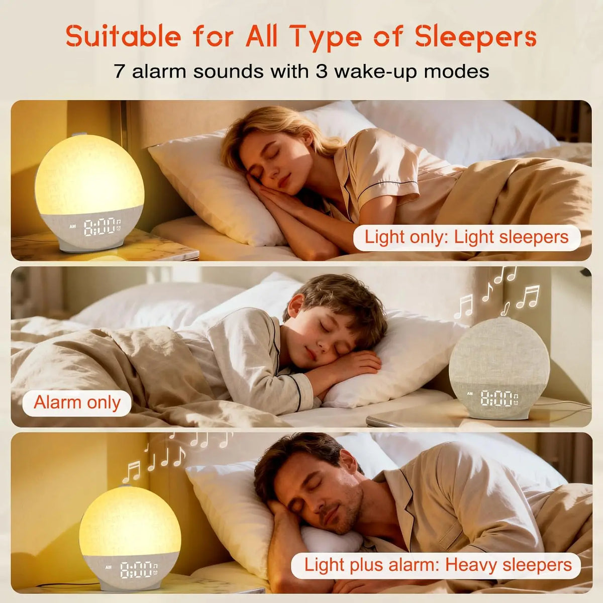 Sunrise Wake-Up Light & Night Lamp – Dimmable Alarm Clock with White Noise, 30 Soothing Sounds & 12-Colour Night Light.