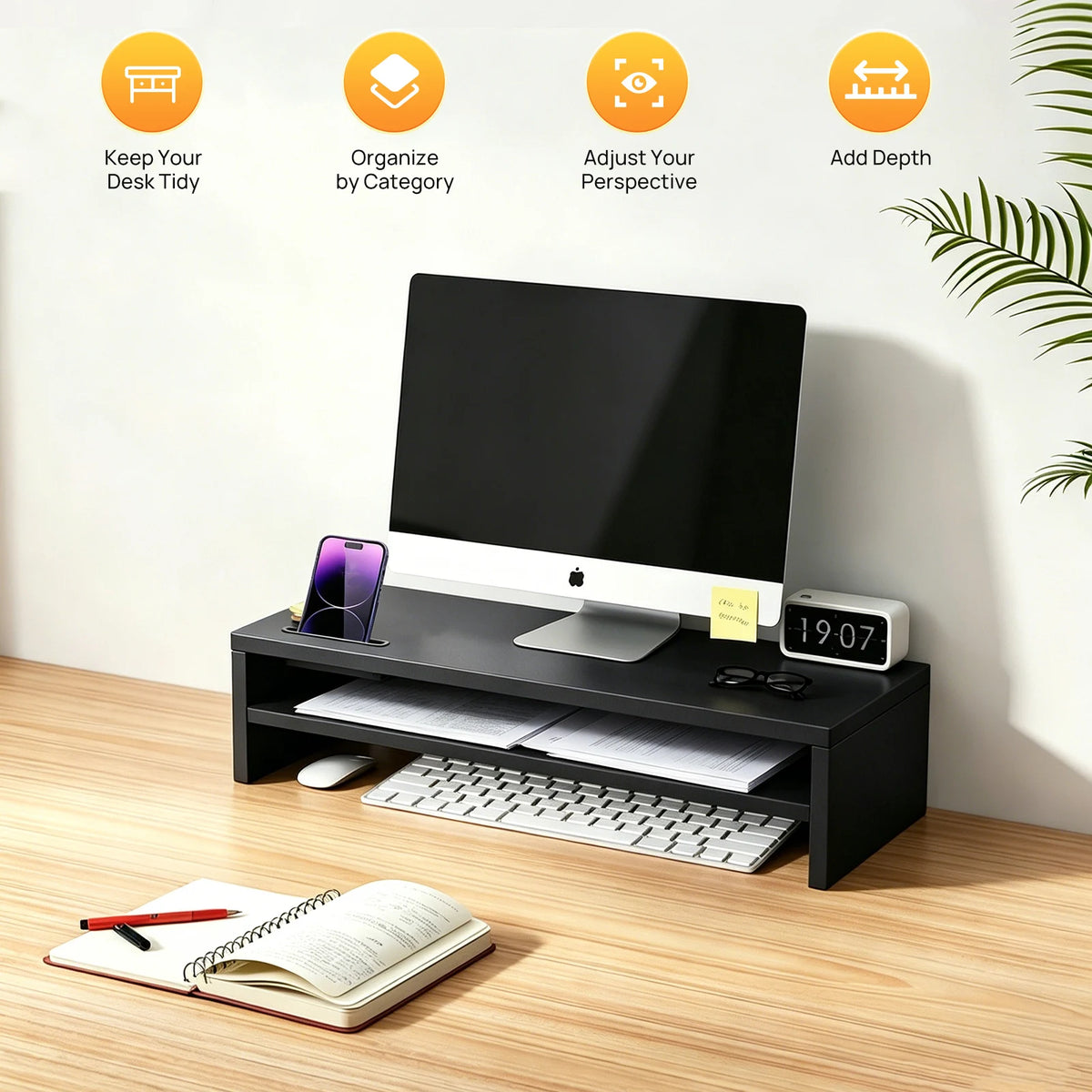 2-Tier Wooden Monitor Stand Riser – 420mm Wide, 20kg Capacity with Phone Holder.