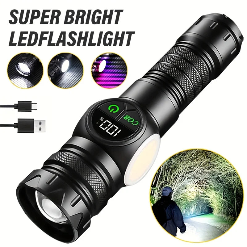 High-Power LED Flashlight – USB Rechargeable Tactical Torch with COB Side Light, Magnetic Base & Zoom.