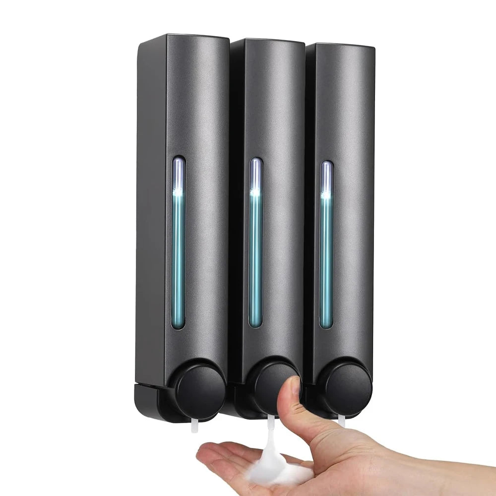 2/3-Chamber No Drill Wall-Mounted Soap Dispenser – 380ml Shampoo, Conditioner & Shower Gel Dispenser.