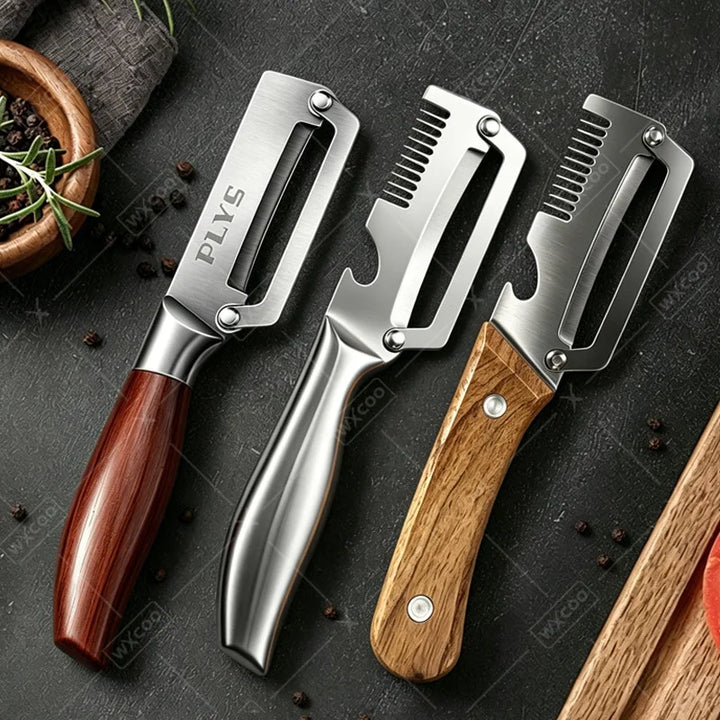 Multi-Function Vegetable Peeler – Stainless Steel Blade Kitchen Peeler with Wooden/Steel Handle & Bottle Opener.