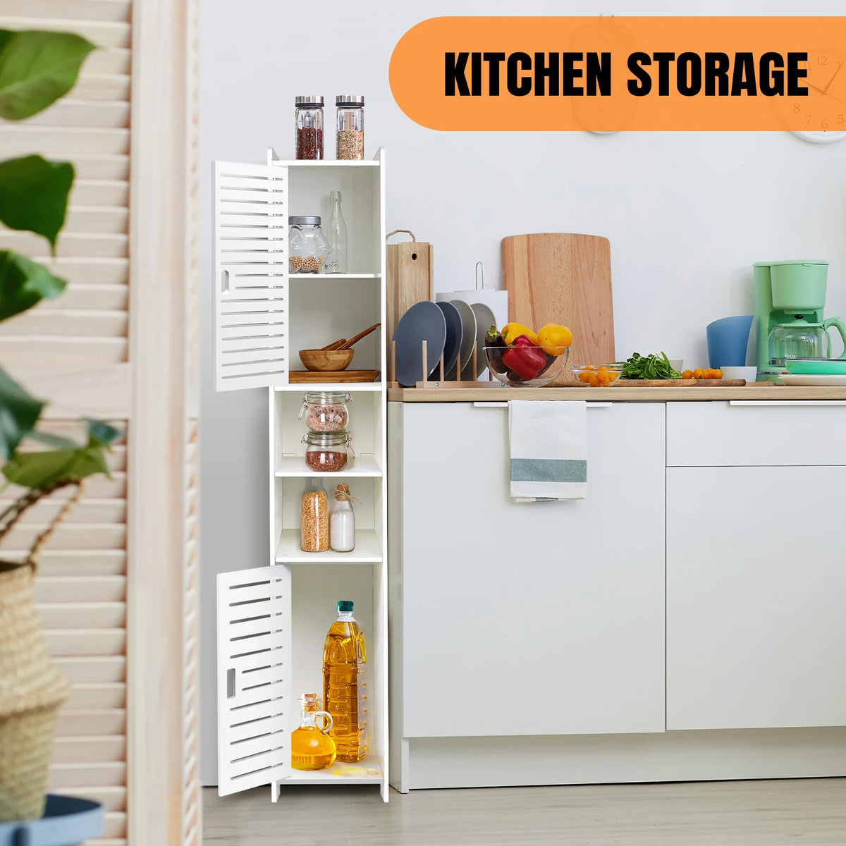 Tall 5-Tier Bathroom Storage Cabinet – 2-Door PVC Waterproof Organiser.