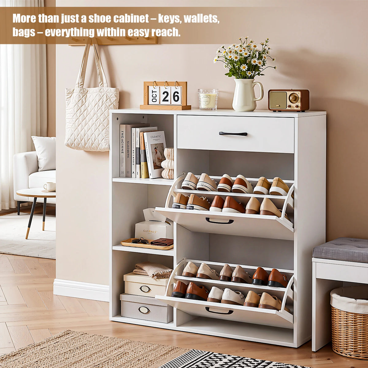 4-Tier Shoe Storage Cabinet with Drawer & Side Cupboard – Modern Flip-Down Shoe Organiser.