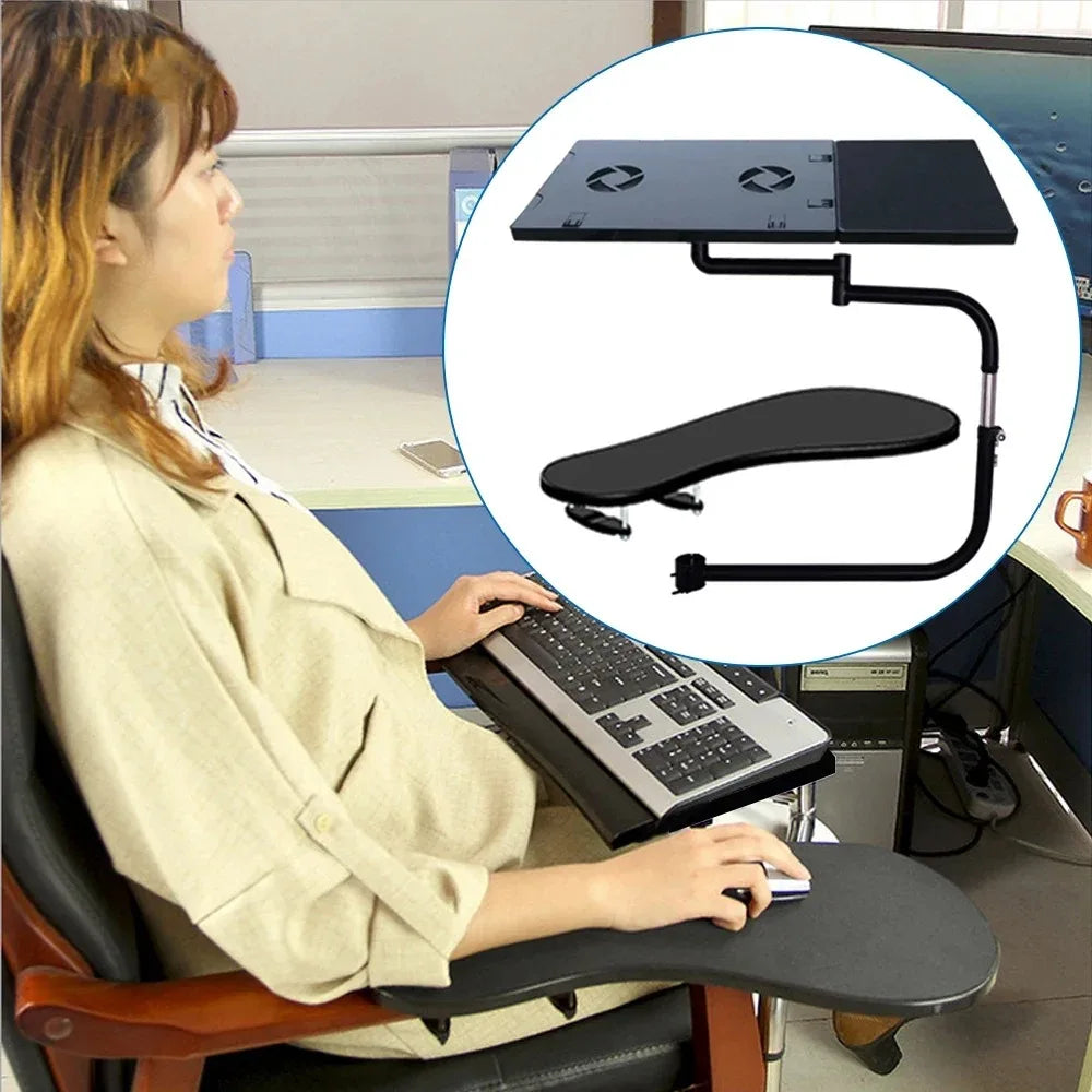 Chair-Mounted Keyboard & Laptop Holder with Mouse Pad, USB Fan & Wrist Support.