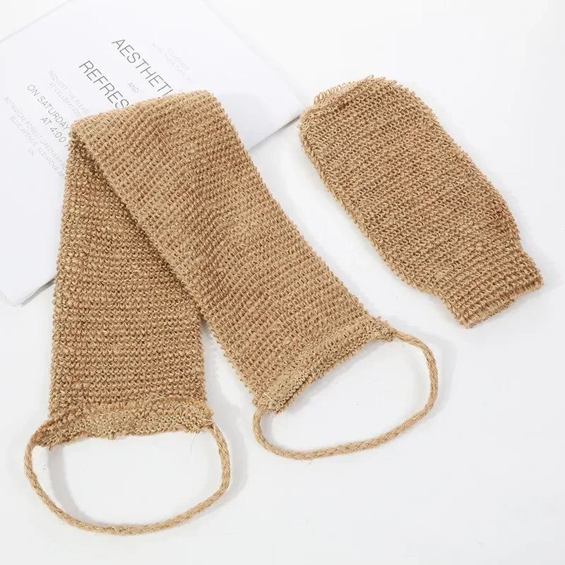 Hemp Back Scrubber Bath Towel with Gloves – Jute Exfoliating Loofah Back Strap Shower & Body Cleaning Kit.