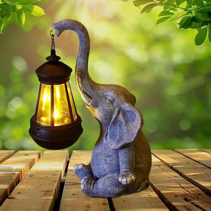 Solar Elephant Garden Statue – Resin Elephant Figurine with Lantern Light.